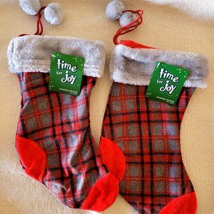 Time For Joy Set of 2 Red and Gray Christmas Stockings for Dogs New with Tags